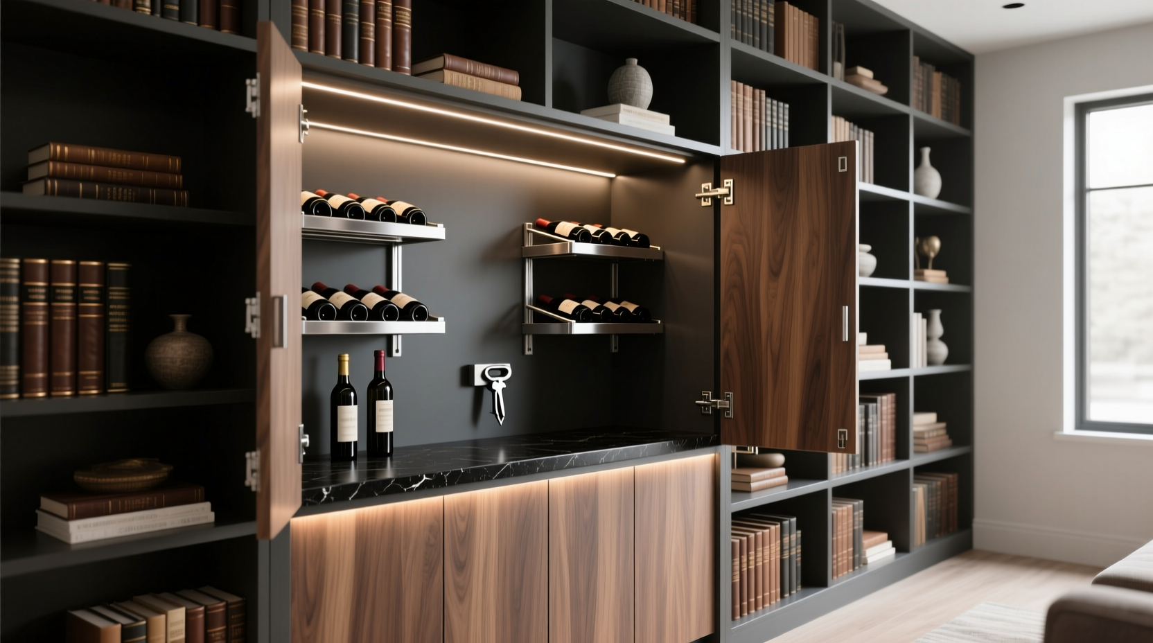 How To Build A Low-profile Bar Nook Inside A Bookshelf Using Hidden ...