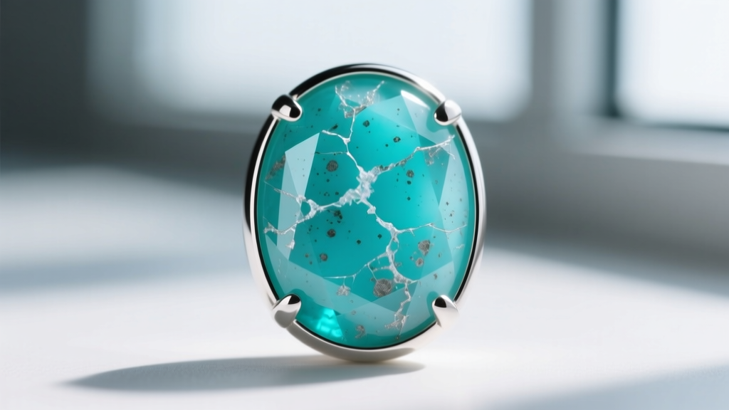 Macro photo of a damaged, cloudy turquoise cabochon set in a silver bezel, showing microscopic pitting from alkaline exposure.