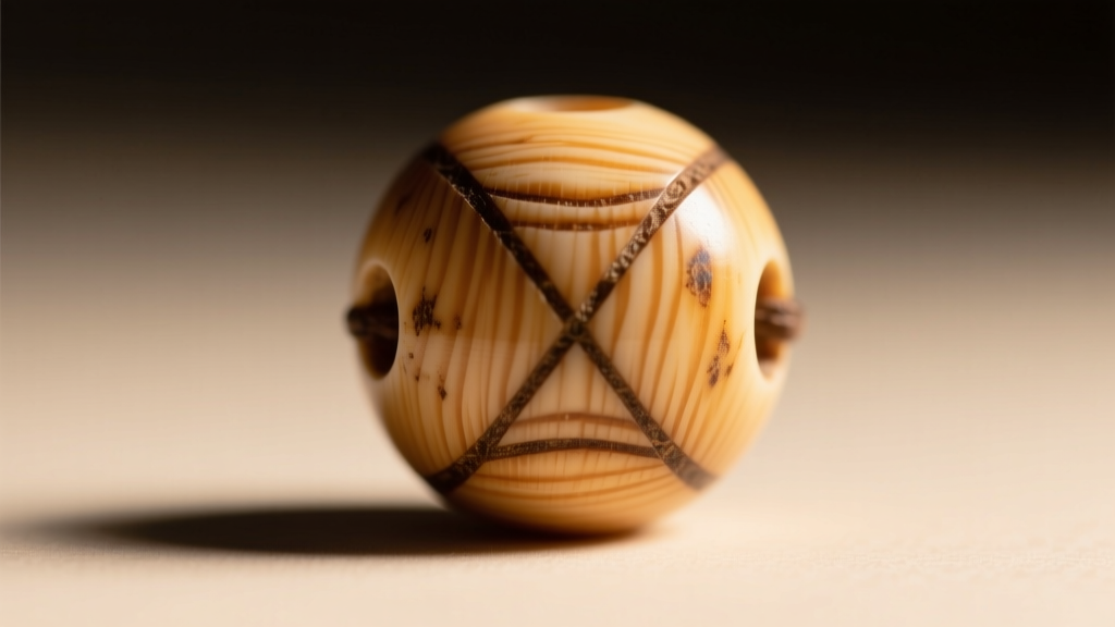 Macro photography of a single antique ivory bead showing distinct cross-hatched Schreger lines under warm directional lighting