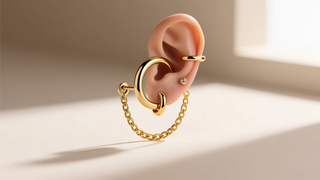 Side profile of a cartilage double piercing earring featuring an ear cuff connected to a helix hoop by a delicate 18k gold chain