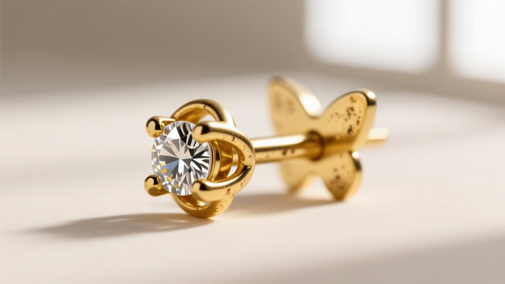 Macro shot of 0.8mm 14k yellow gold earring post with friction butterfly backing showing slight wear on four-prong diamond basket