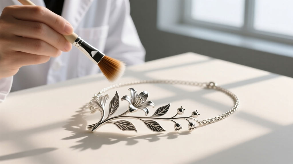 Jeweler using a soft horsehair brush to gently clean intricate crevices of a detailed silver lily of the valley chain necklace.