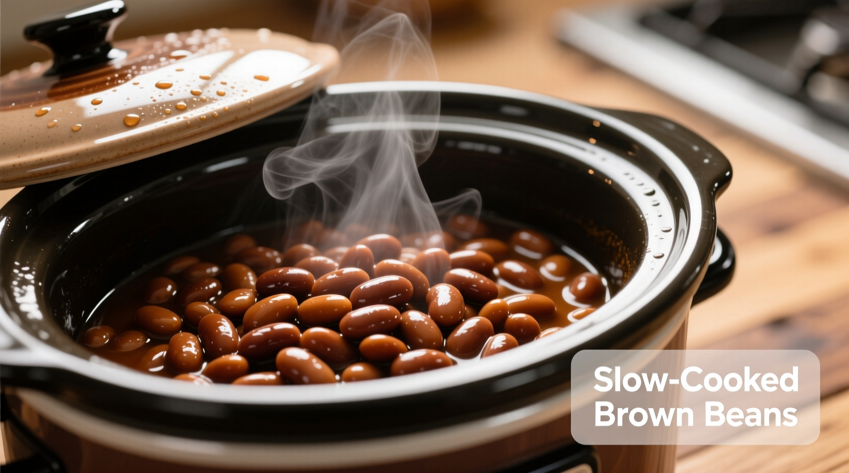 Slow cooker filled with perfectly cooked brown beans