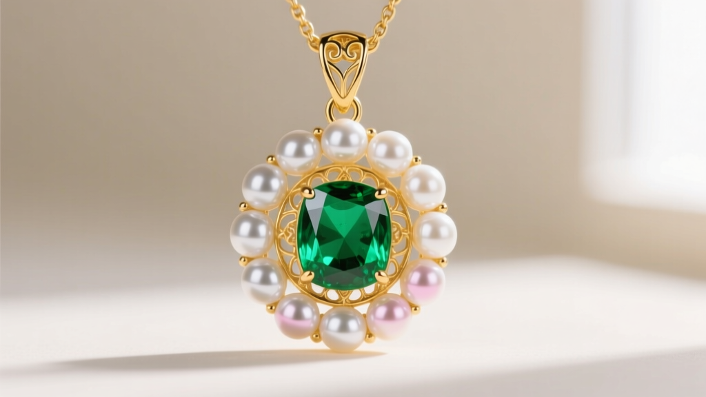 Close-up of an 18k yellow gold pendant featuring a vibrant green emerald surrounded by a halo of lustrous white Akoya pearls.