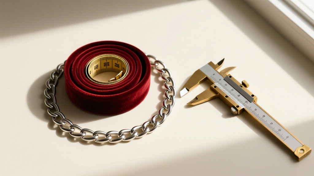Overhead flat lay of a velvet measuring tape wrapping around a silver chain necklace alongside a brass caliper