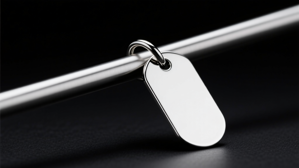 Threadless titanium post connecting to a silver cattle tag charm, showing the bent pin mechanism against a dark studio backdrop.