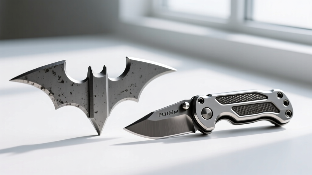 Macro shot of a die-cast zinc beginner batarang beside a CNC-machined Grade 5 titanium expert everyday carry batarang.