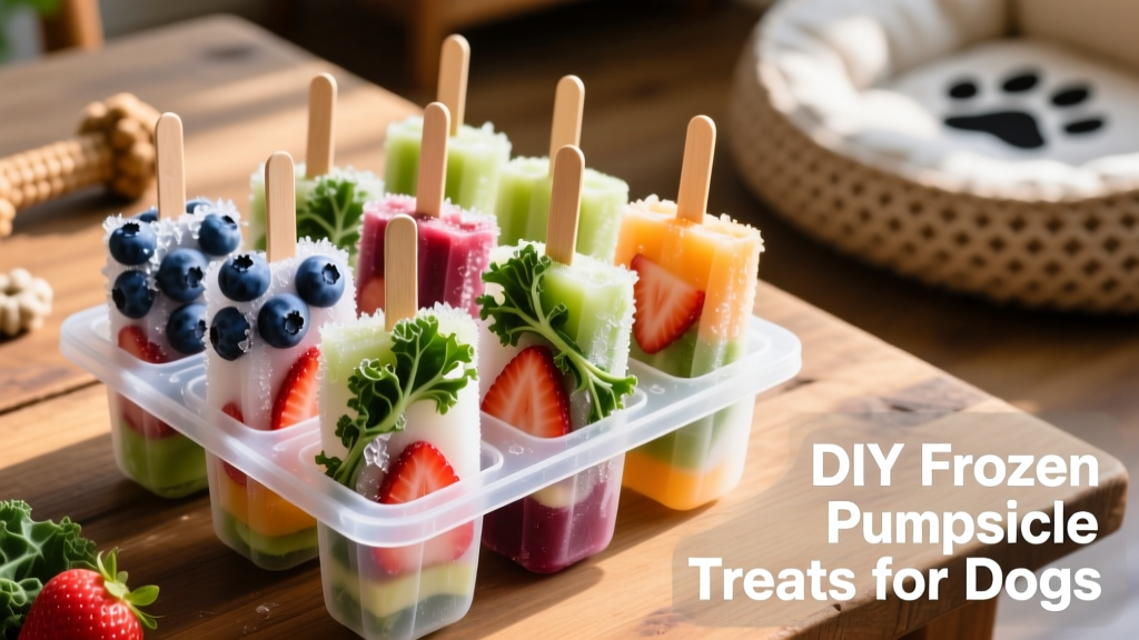 A colorful array of frozen pupsicles in popsicle molds, with visible blueberries, strawberry slices, and kale ribbons