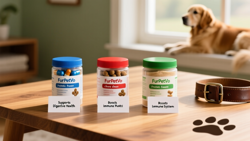 Side-by-side comparison of FurPetVo probiotic capsules, chews, and powder in labeled containers on a clean wooden surface
