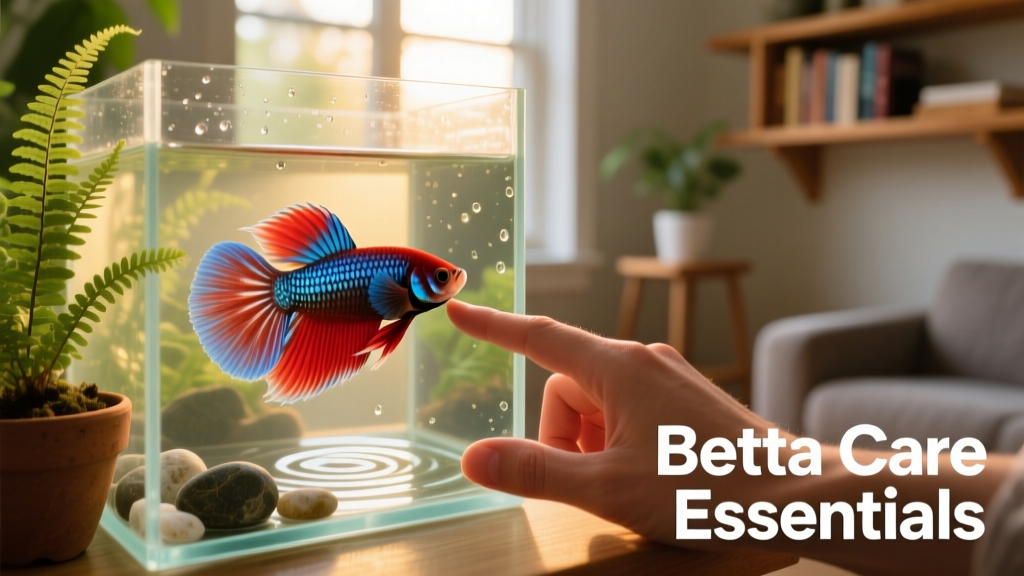 Happy betta fish interacting gently with a hand placed outside the glass of a well-maintained aquarium