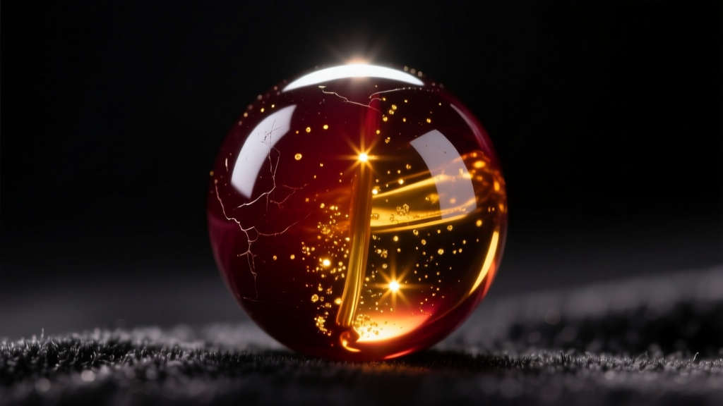 Macro shot of a dark cherry amber bead revealing sun spangles, lit by a warm backlight against black velvet in a dark room