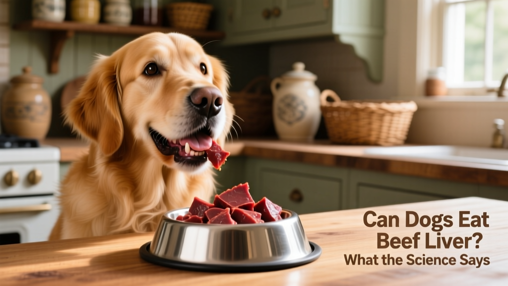 Dog happily eating small pieces of cooked beef liver from a stainless steel bowl