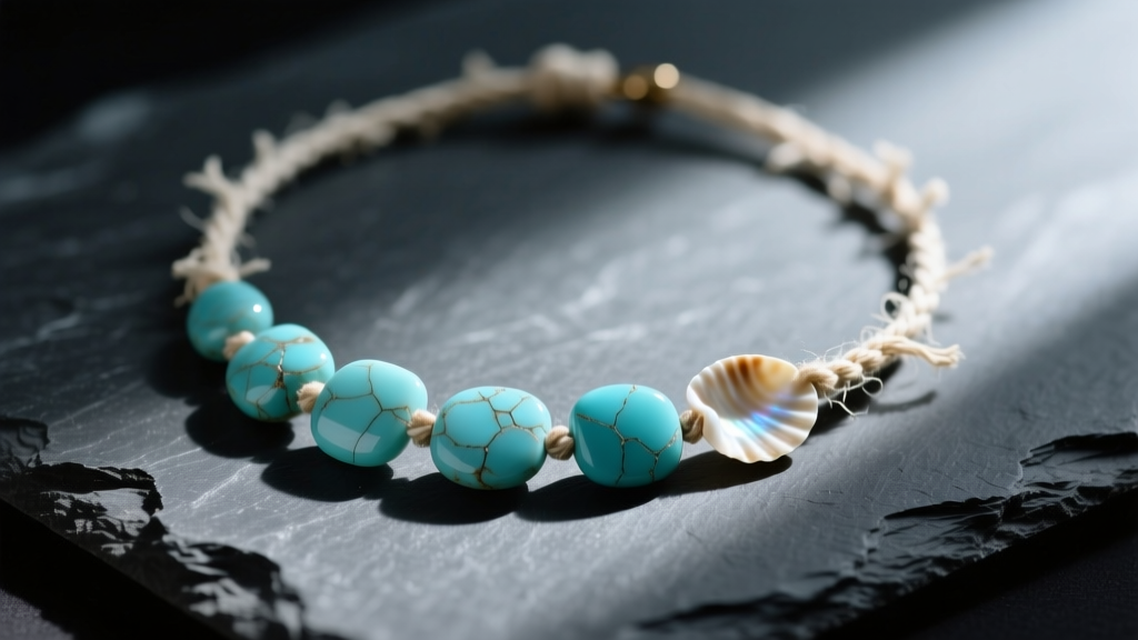 Close-up of a vintage turquoise and shell necklace on dark slate, highlighting faded blue stones and frayed silk stringing thread.