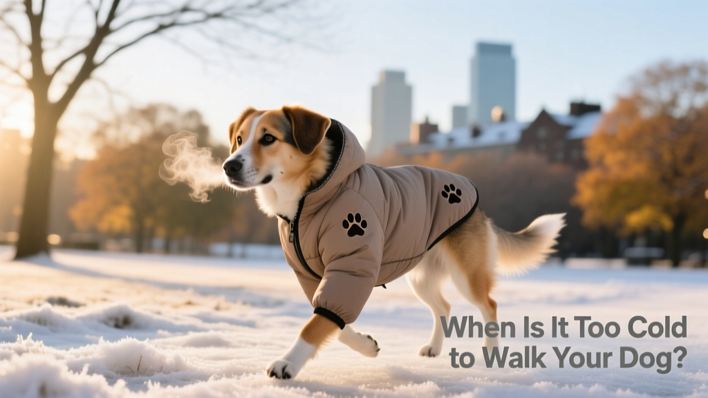 A dog wearing a lightweight insulated jacket during a crisp winter walk, with visible breath in the air