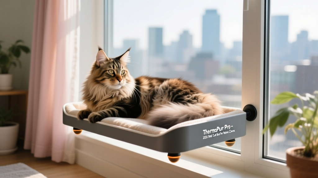Side view of a Maine Coon resting comfortably in a window-mounted heated cat bed with suction cups attached to glass
