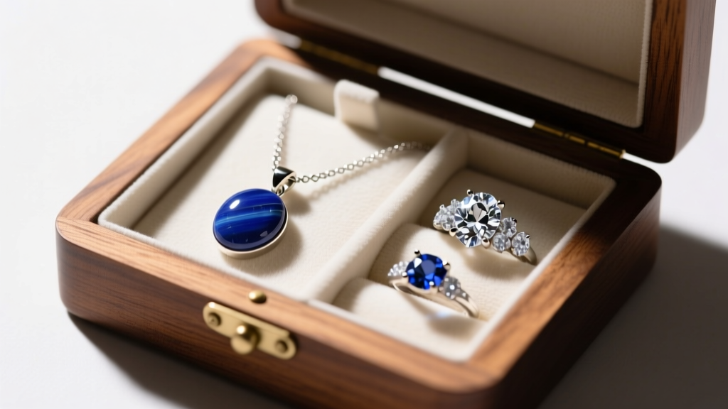 Lapis lazuli pendant necklace stored in a lined wooden jewelry box, separated from harder diamond and sapphire rings.