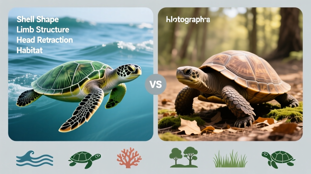 Infographic comparing sea turtle and land turtle anatomy side-by-side: shell shape, limb structure, head retraction, and habitat icons