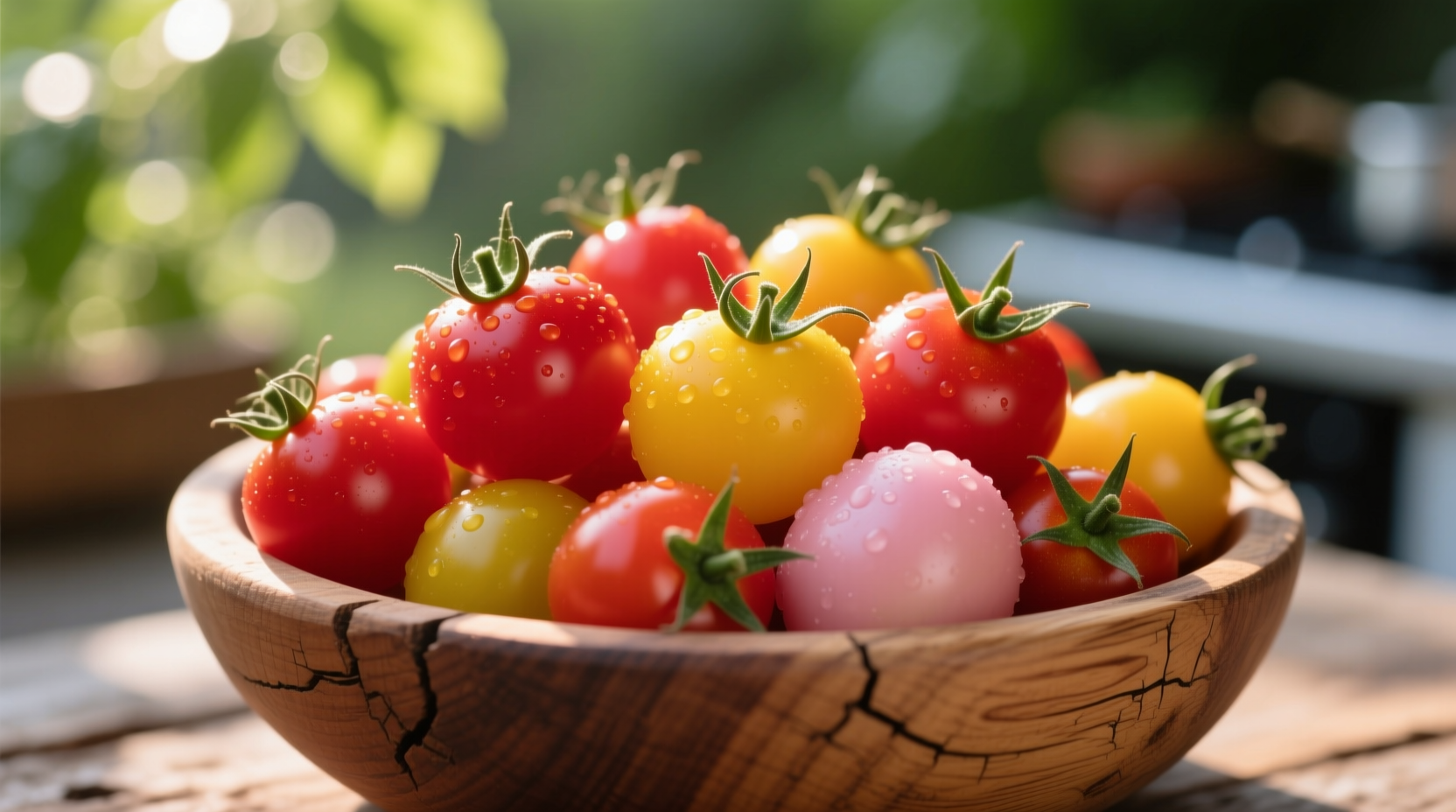 Colorful cherry tomatoes in a wooden bowl