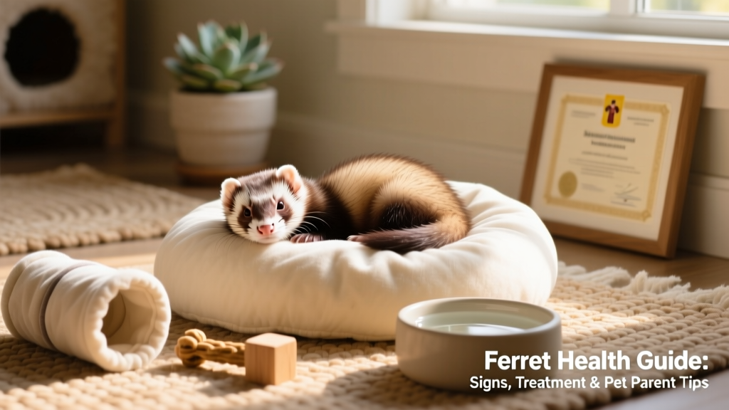 Ferret resting peacefully on soft bedding, surrounded by clean toys and fresh water