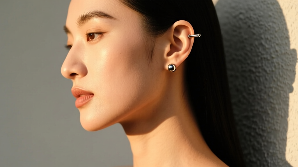 Side profile of a model wearing 20g surgical steel 316l threadless push-pin earrings in healed lobes, lit by warm ambient light.