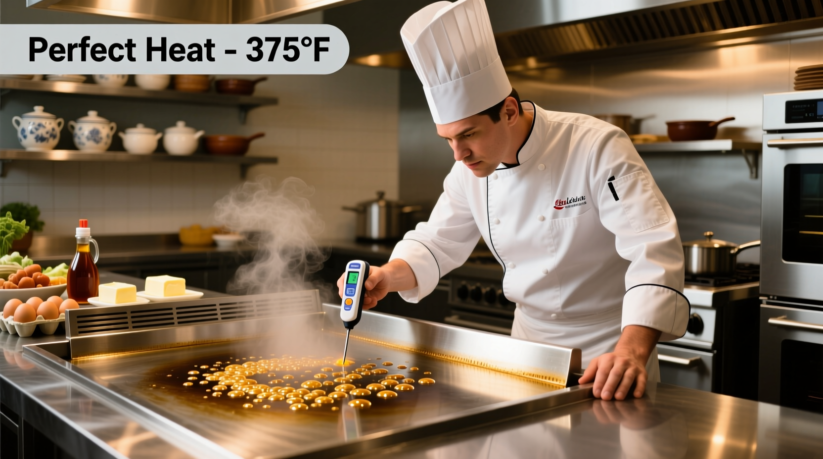 Professional chef checking pancake griddle temperature with infrared thermometer
