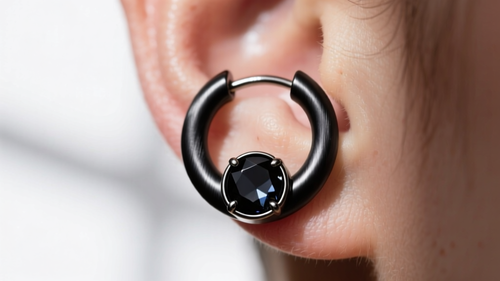 Macro shot of a 16-gauge blackened titanium cartilage huggie earring with a bezel-set black tourmaline cabochon on a pierced ear.