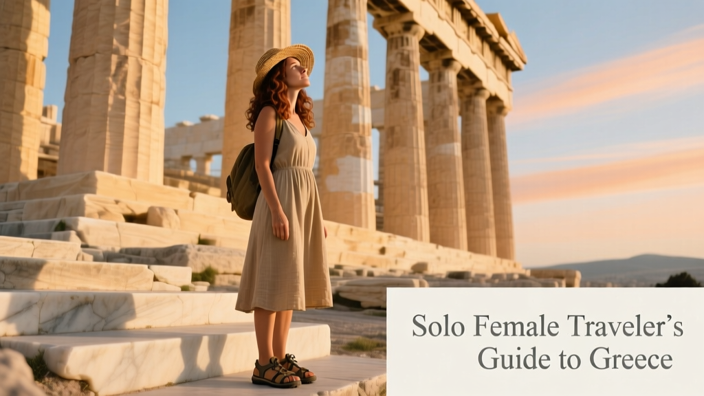 A solo female traveler standing in front of the Acropolis in Athens, looking up with quiet awe