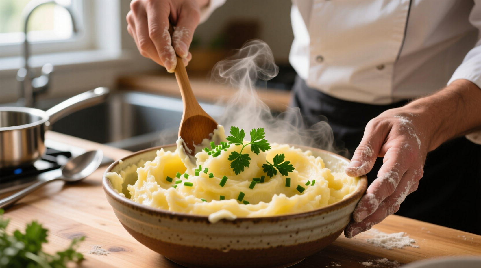 Chef preparing creamy mashed potatoes with fresh herbs