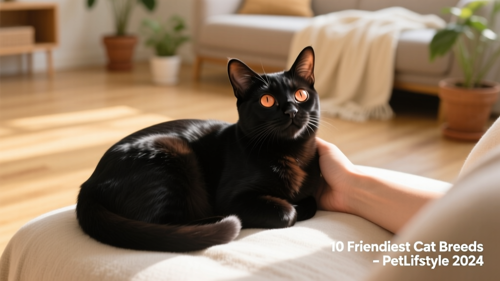 A sleek, glossy Bombay cat curled contentedly on a lap, gazing up with warm coppery eyes