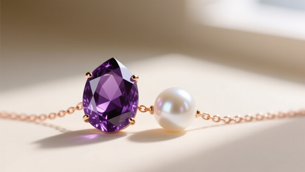 Macro shot of a faceted deep purple amethyst pendant resting beside a lustrous white Akoya pearl on a delicate 14k rose gold chain.