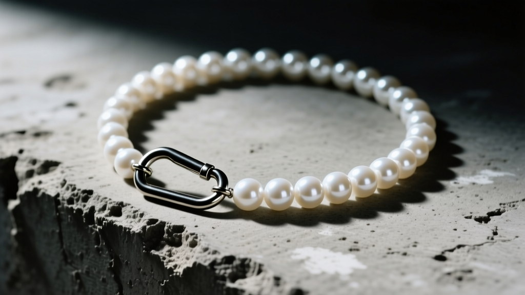 Flat lay of a streetwear pearl choker with a heavy gunmetal carabiner clasp resting on textured concrete in moody lighting