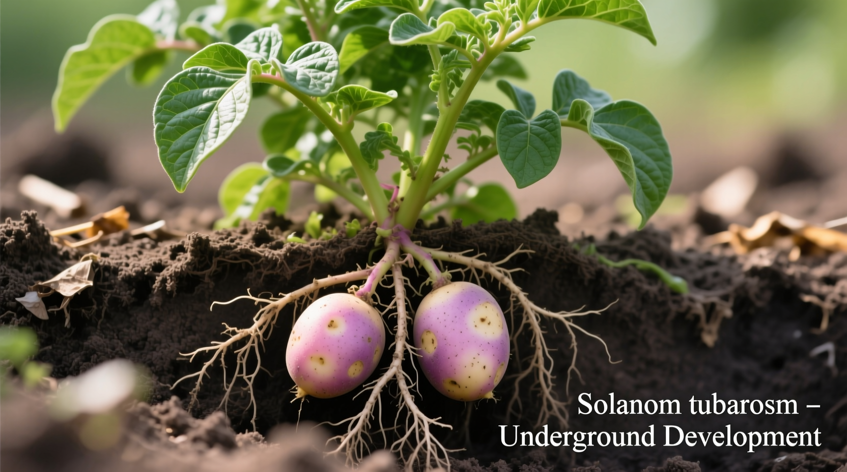 Potato plant showing tubers growing underground