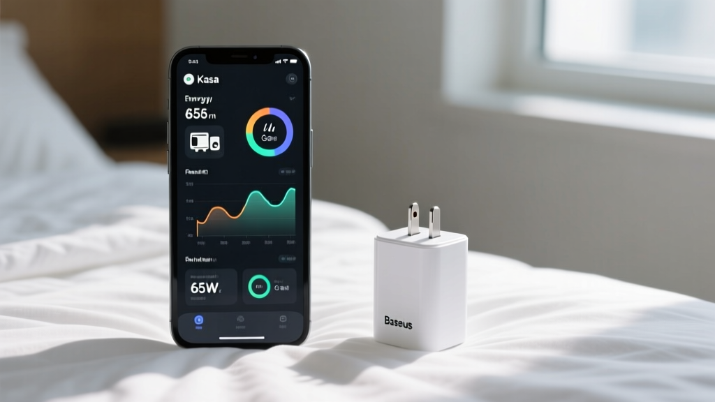 Smartphone screen displaying the Kasa app energy monitoring dashboard next to a white Baseus 65W GaN charger on a bed