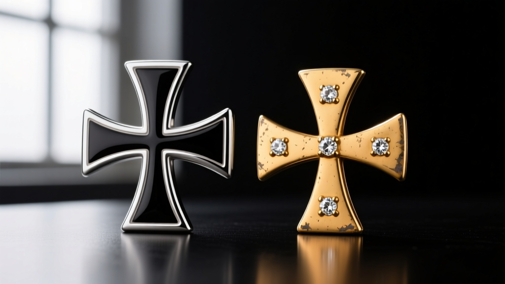 Macro shot comparing a modern sterling silver Maltese cross with black cold enamel next to an antique 18k gold and diamond cross.