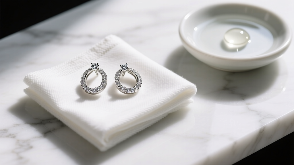 Overhead view of jewelry cleaning setup with microfiber cloth, mild soap, and diamond u-hoops resting on a white marble surface