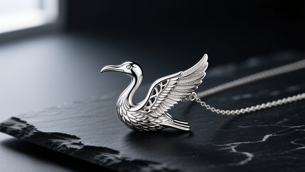 Close-up of a detailed 925 sterling silver albatross necklace resting on dark slate, illuminated by soft natural window light.