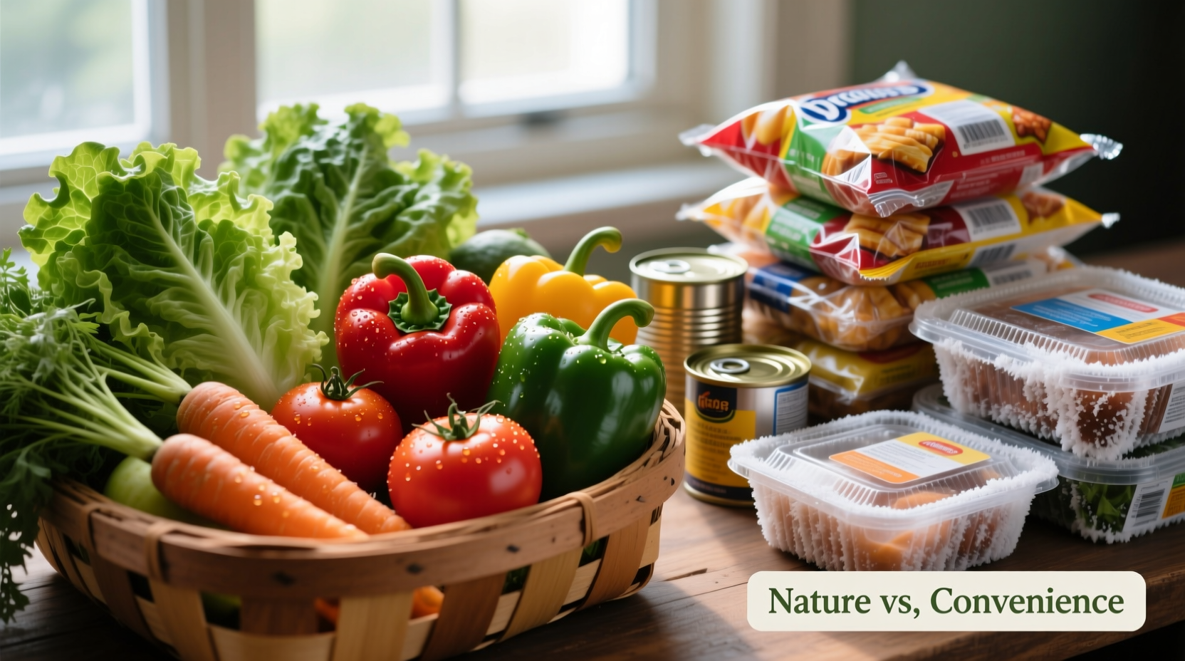 Fresh produce next to packaged processed foods comparison