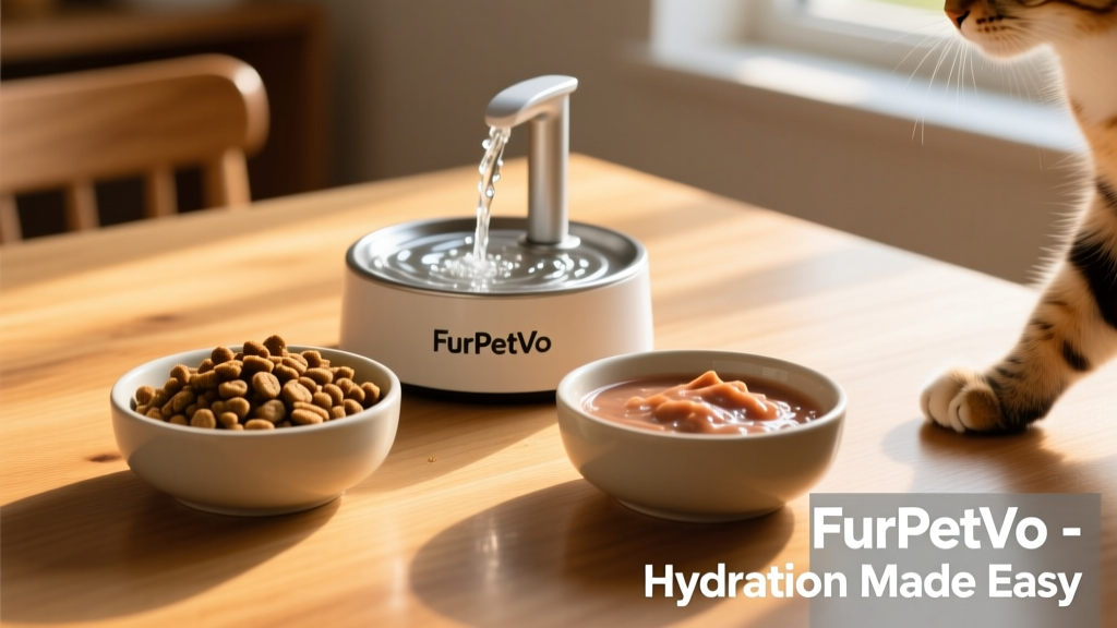 Side-by-side comparison: dry kibble and FurPetVo wet food in matching bowls, with a FurPetVo water fountain nearby