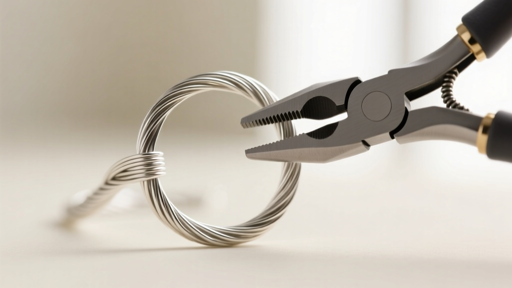 Close-up of 20-gauge half-hard argentium silver wire being shaped into a perfect loop using smooth-jaw chain nose pliers.
