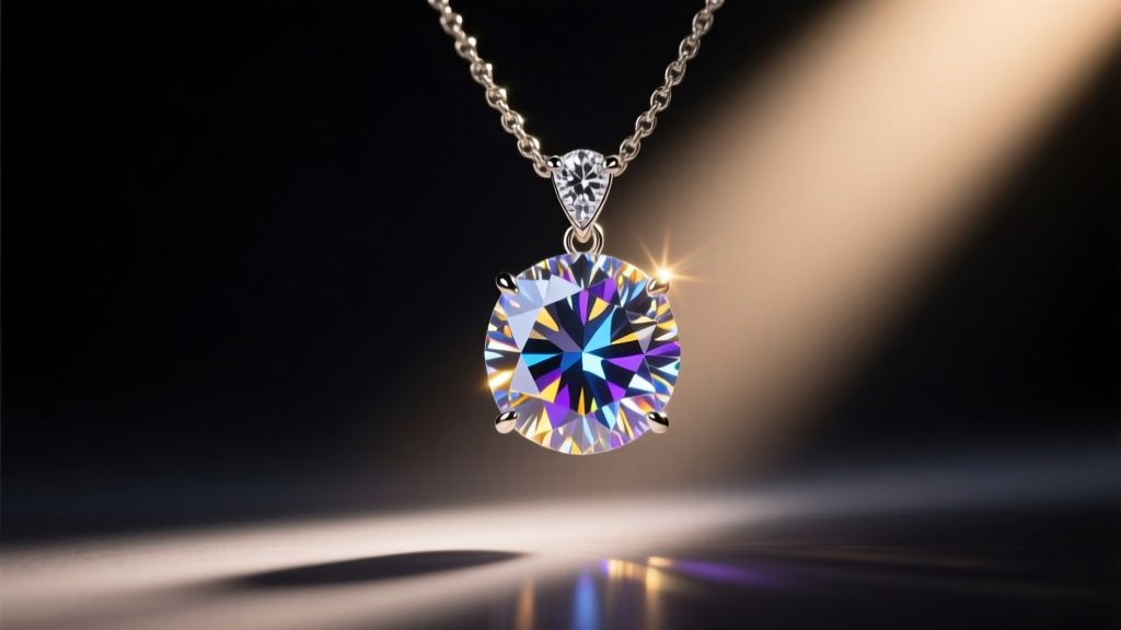 Close-up of a diamond pendant necklace catching a focused warm light beam, highlighting adamantine luster and spectral fire on dark velvet.