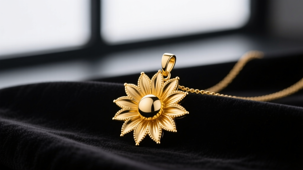 Close-up of an 18k yellow gold sunflower pendant necklace with milgrain petals resting on dark velvet in soft studio lighting.