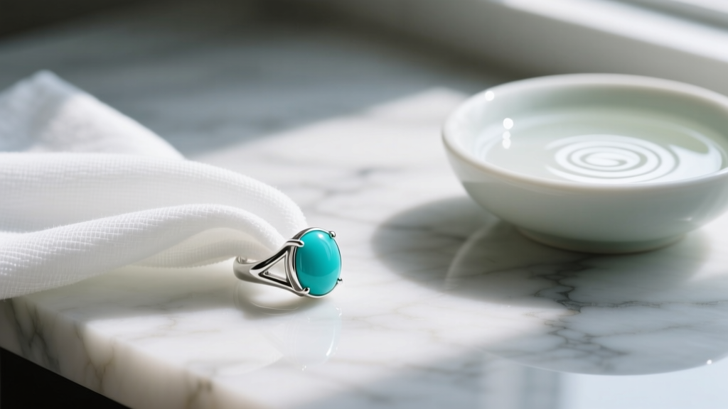 Soft microfiber cloth gently rubbing a turquoise and sterling silver ring on marble, next to a small bowl of mild soapy water