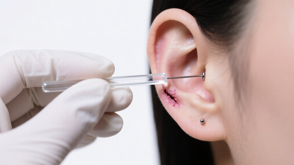 Gloved hands inserting a clear glass taper into a healed earlobe piercing under bright, clean clinical studio lighting setup.
