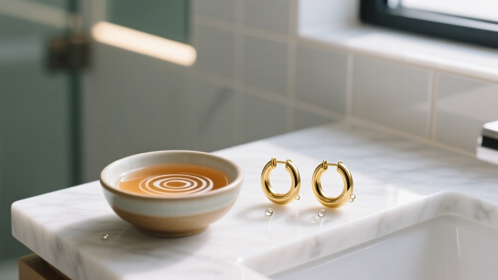 Small bowl of warm saline and gauze beside 18-gauge gold huggie earrings resting on a bright white marble bathroom vanity top