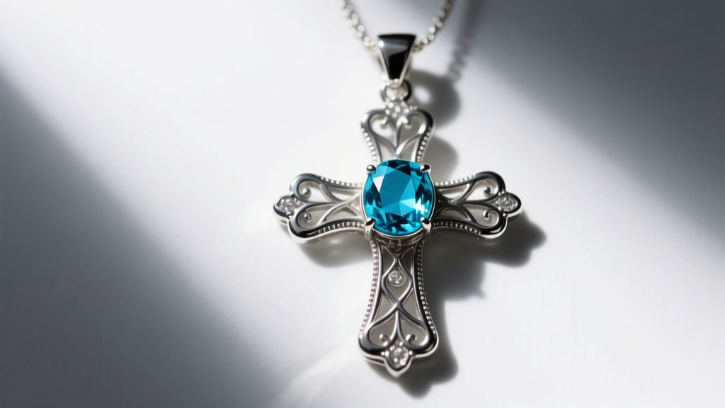 Overhead macro shot of a sterling silver turquoise cross pendant featuring a vivid blue Sleeping Beauty cabochon with a dark bezel.