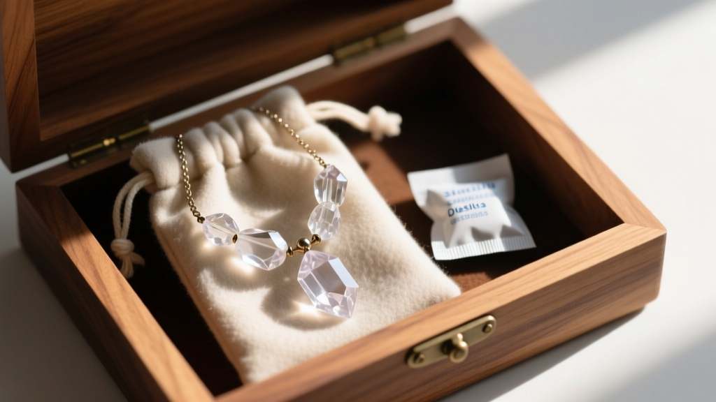 Vintage rock crystal necklace safely stored in an anti-tarnish flannel pouch beside a silica packet inside a cedar jewelry box.