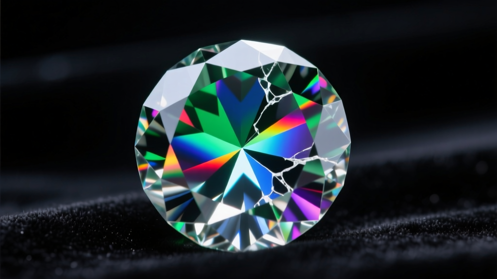 Macro shot of a fracture-filled diamond showing internal rainbow flashes, illuminated against a dark velvet background