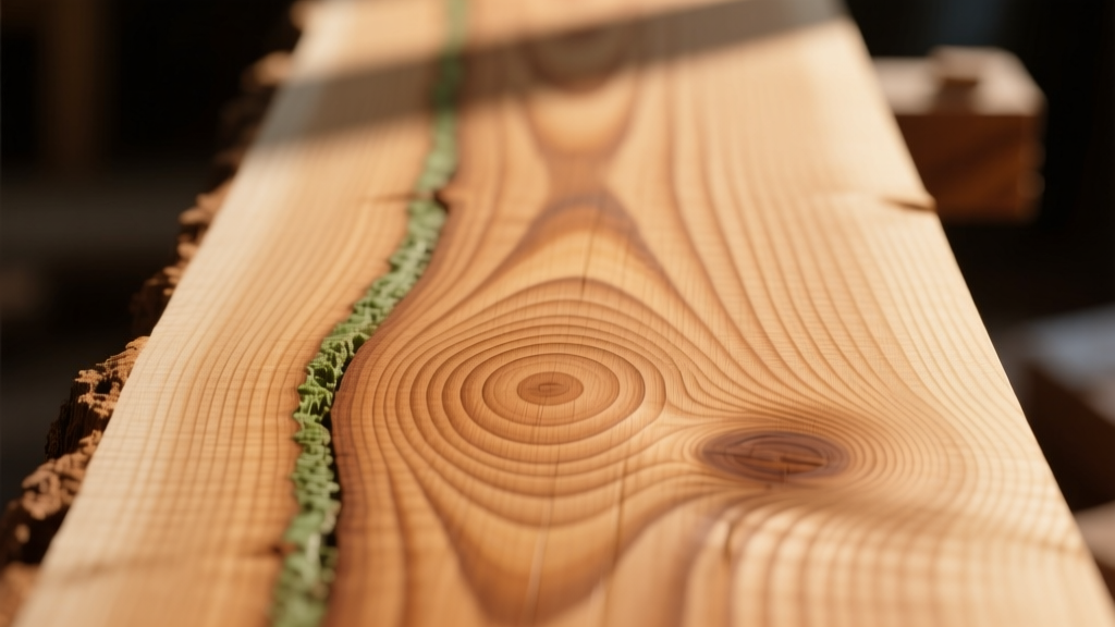 Close-up of milled Douglas fir lumber showing distinct straight grain patterns and growth rings under bright workshop lighting for quality inspection