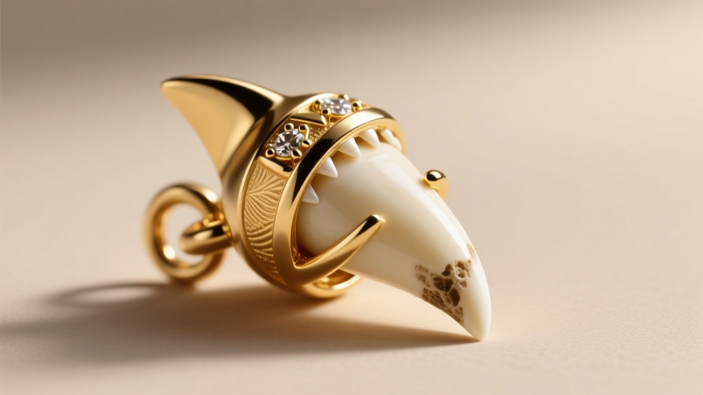 Macro shot of an 18k gold shark tooth cap bail, showing the prong setting gripping the root of a pristine great white tooth