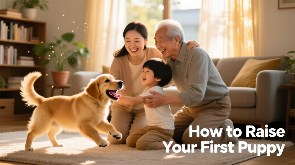 A joyful family kneeling beside a playful golden retriever puppy in a sunlit living room